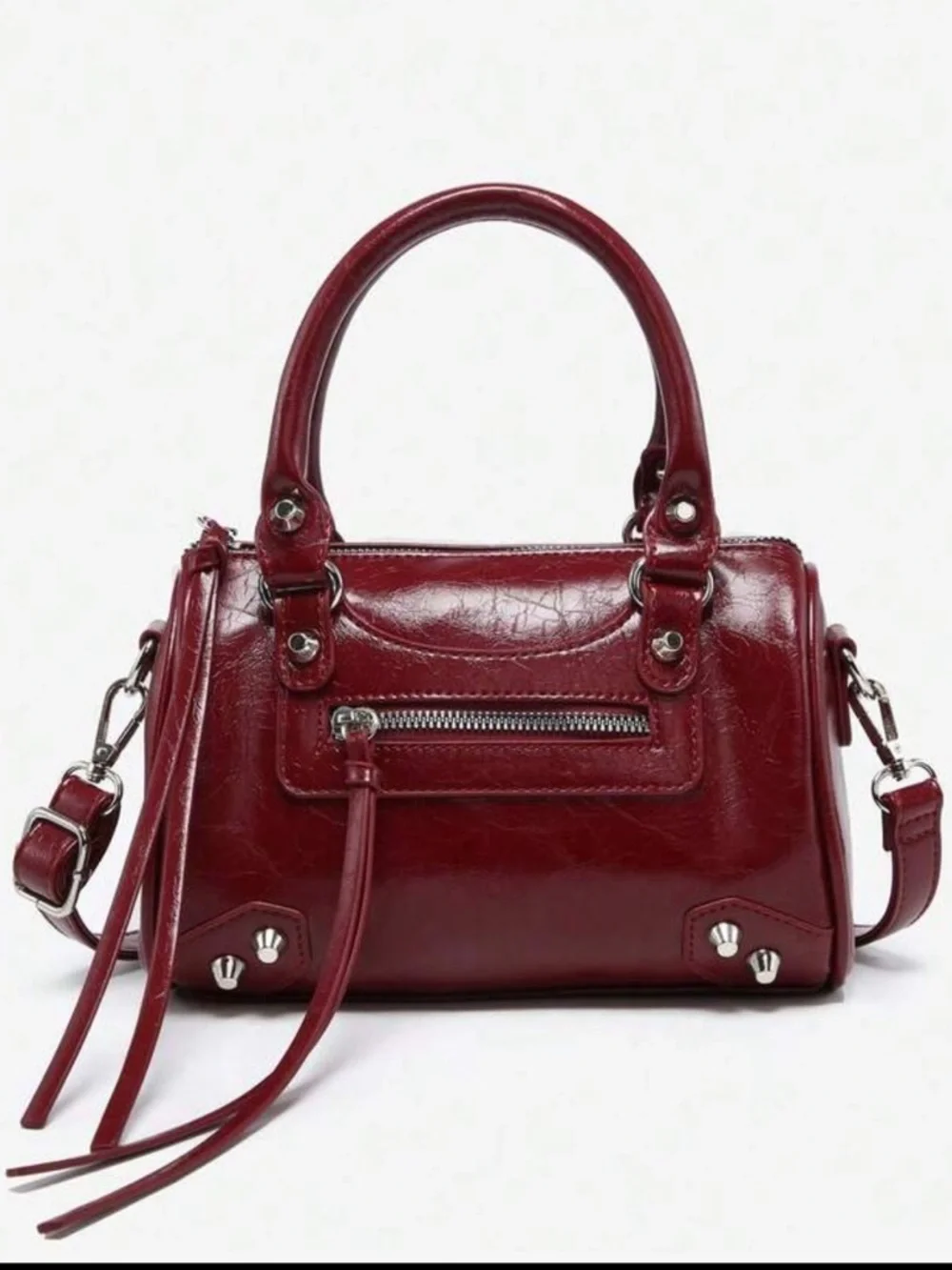 NWOT Deep Red Vegan Leather Handbag with Crossbody Strap and‎ Bag charms